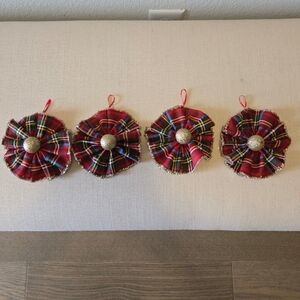 SET OF 4 - CHRISTMAS TREE PLAID RED/GREEN/YELLOW FABRIC ORNAMENTS